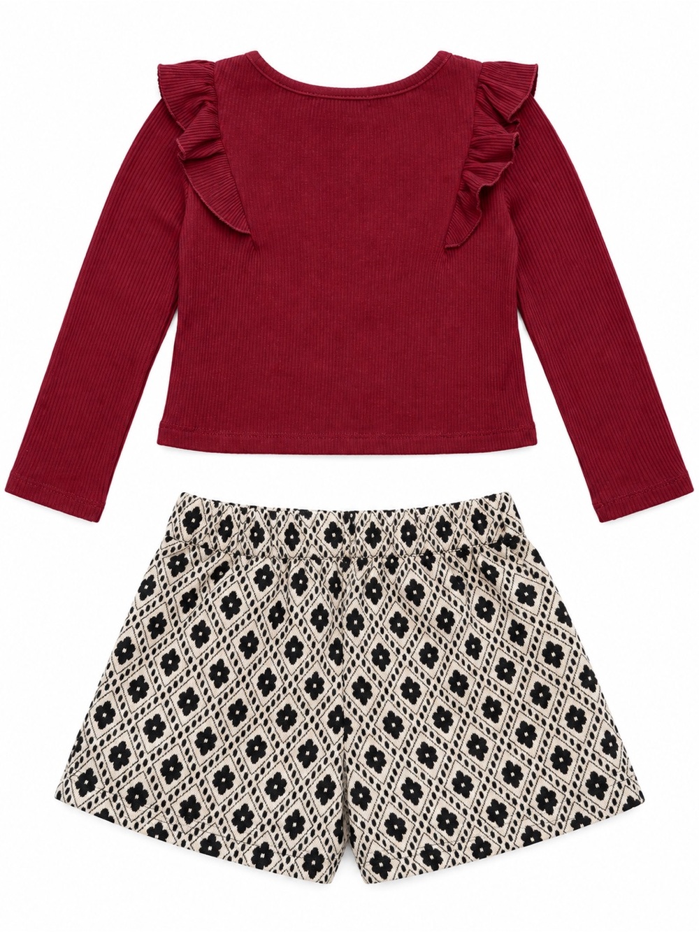 Tahari Burgundy Ruffled Long-Sleeve Top with Black & Cream Skater Skirt - Picture 4 of 4